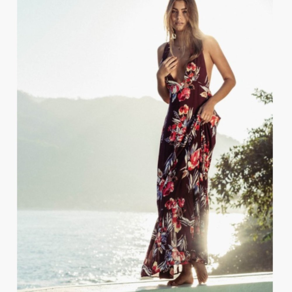 Pacsun Billabong Awoke For The Waves Marron Red Floral Ruffled Halter Maxi Dress